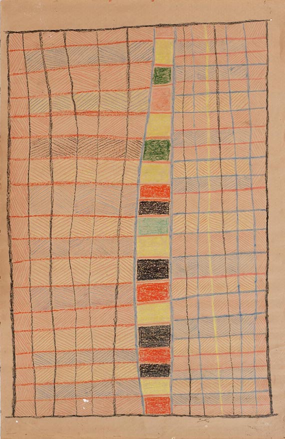 Crayon drawing on brown paper, Ronald M. Berndt Collection, Yirrkala NT 1946-47. Held by the University of Western Australia, Berndt Museum of Anthropology. Copyright of the Artist C/- Buku-Larrnggay Mulka Centre, Yirrkala NT.