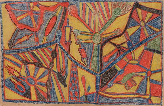 Crayon drawing on brown paper, Ronald M. Berndt Collection, Yirrkala NT 1946-47. Held by the University of Western Australia, Berndt Museum of Anthropology. Copyright of the Artist C/- Buku-Larrnggay Mulka Centre, Yirrkala NT.