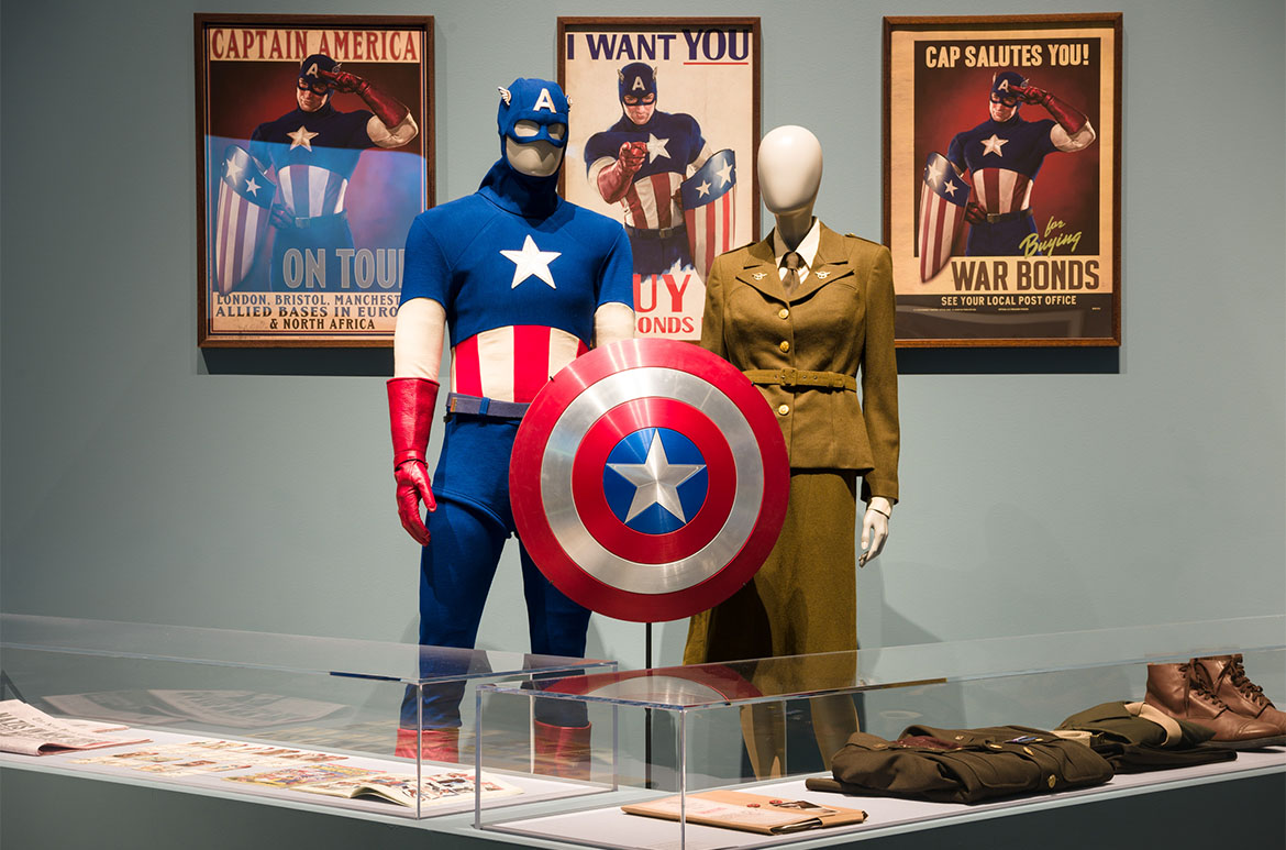 Installation view of the Captain America: Living legend room, Marvel: Creating the Cinematic Universe, GOMA 2017