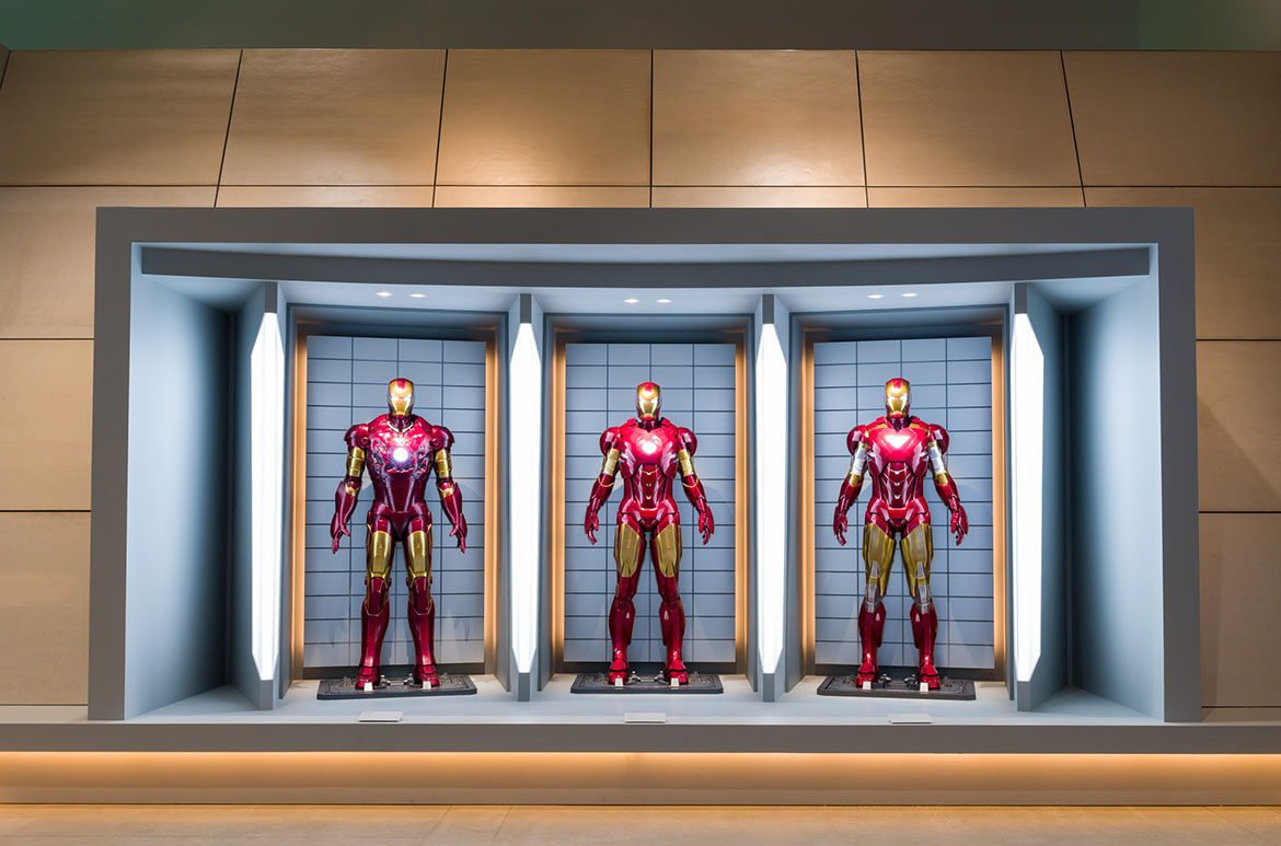 Installation view of Decoding the Universe: Iron Man, Marvel: Creating the Cinematic Universe, GOMA 2017
