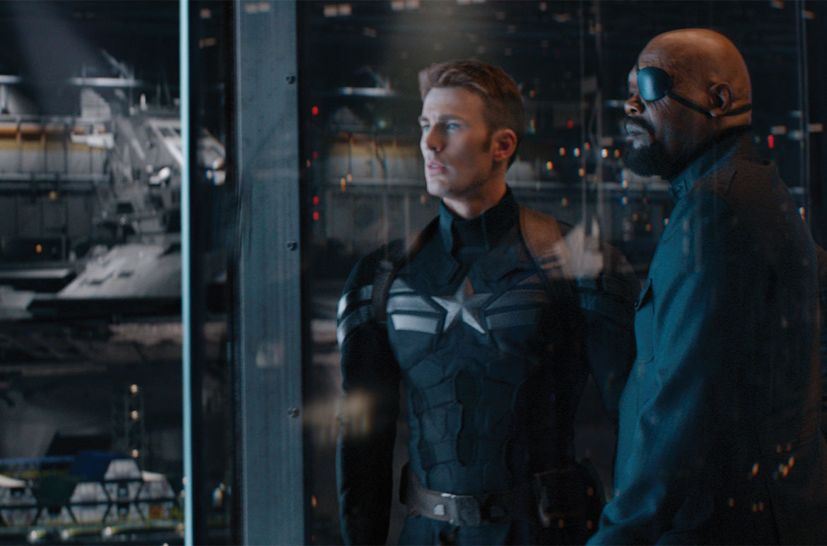 Film still from Captain America: The Winter Soldier 2014 Captain America/Steve Rogers (Chris Evans) and Nick Fury (Samuel L. Jackson) / © 2017 MARVEL