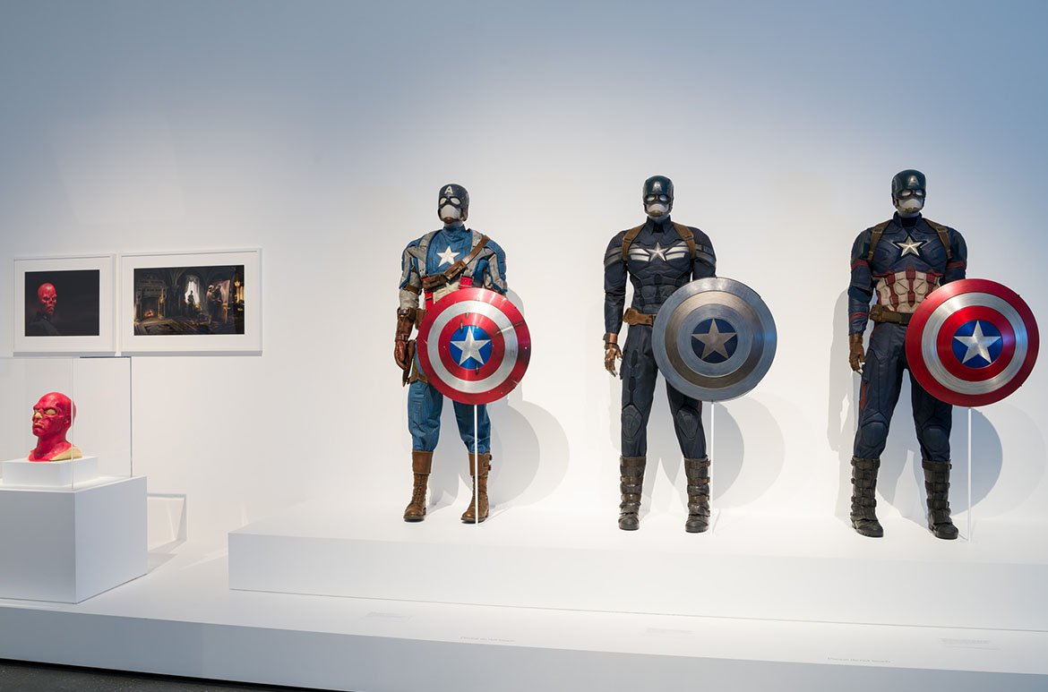 Installation view of the 'Captain America: Living legend’ room, ‘Marvel: Creating the Cinematic Universe’, GOMA 2017