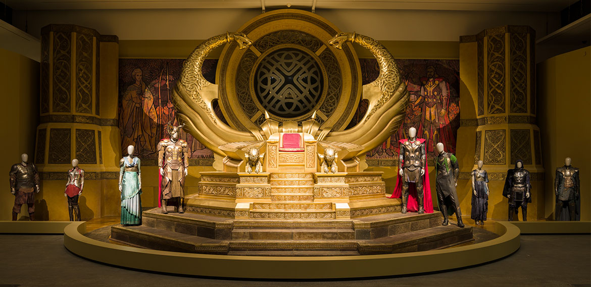 Installation view of the majestic Asgardian throne room from the upcoming Marvel film Thor: Ragnarok 2017, 'Marvel: Creating the Cinematic Universe', GOMA 2017