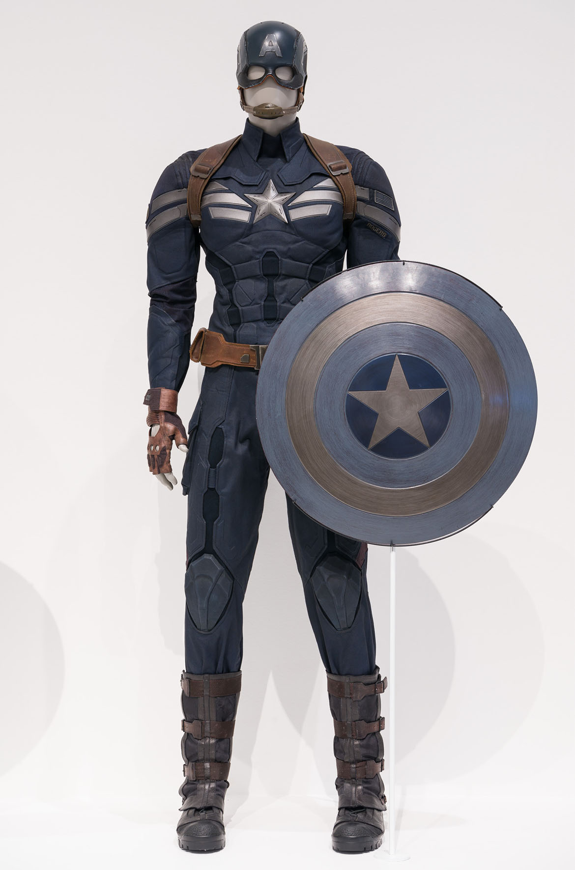 Installation view of Captain America's suit and shield, 'Captain America: Living legend’ room, ‘Marvel: Creating the Cinematic Universe’, GOMA 2017