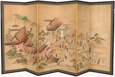 Kawamata Tsunemasa, Japan b.active 1716-48 / Six-fold screen: Cherry blossom at Yasaka Jinja, Kyoto 18th century 18th century