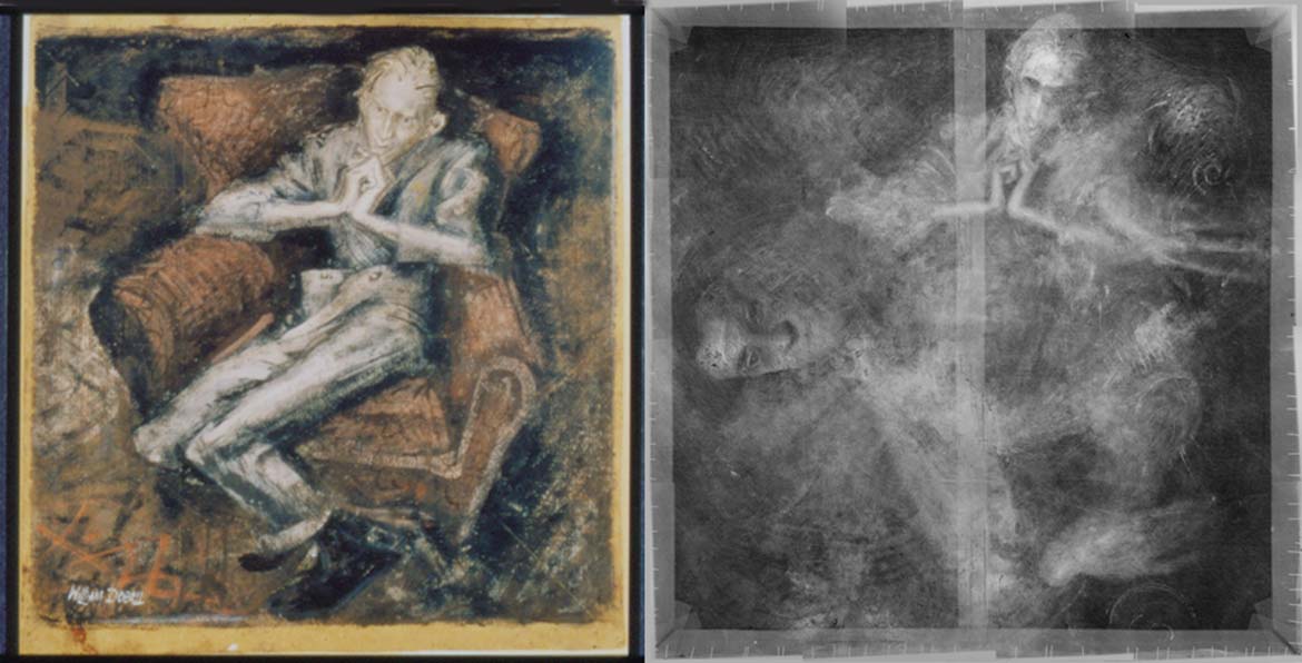 Radiographic image of William Dobell’s The Cypriot 1940 showing abandoned underpainting of Boy lounging and his gouache on cardboard Study for 'Boy lounging' 1937 from The Art Gallery of New South Wales collection