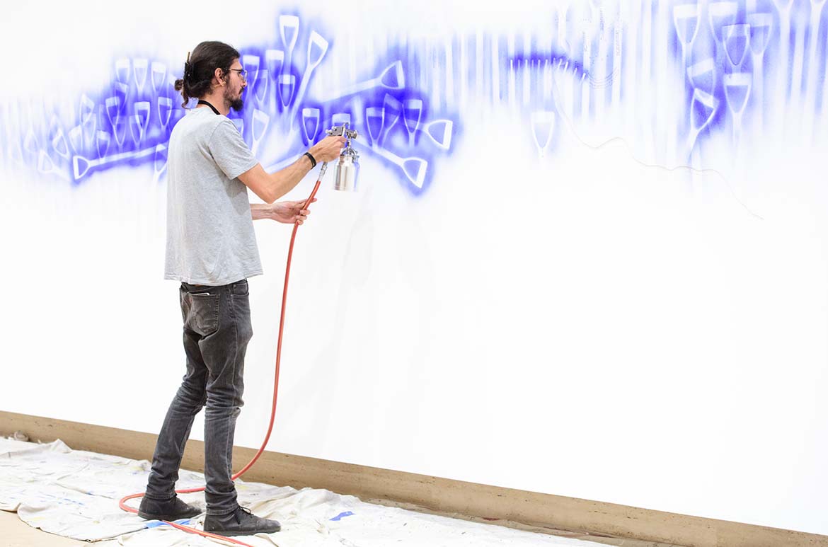 Dale Harding working on his commission Wall Composition in Reckitt’s Blue