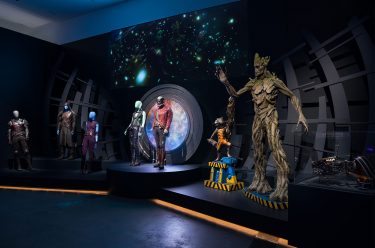 Installation view of the 'Alternate dimensions’ room with Guardians of the Galaxy props, ‘Marvel: Creating the Cinematic Universe’, GOMA 2017